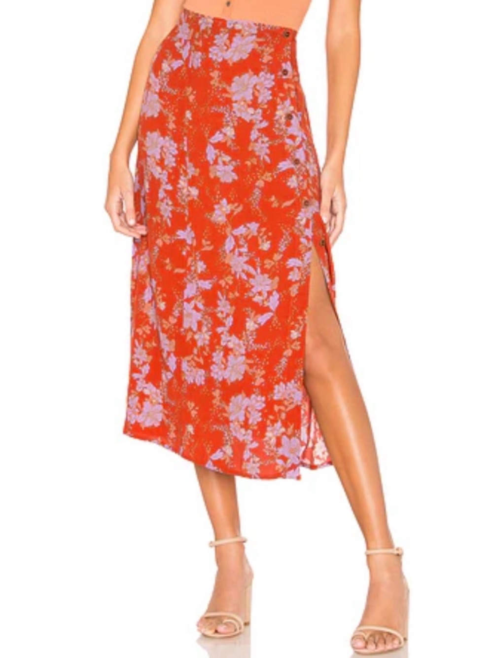 Free People Retro Love Side-Slit Red Midi Skirt Size 2